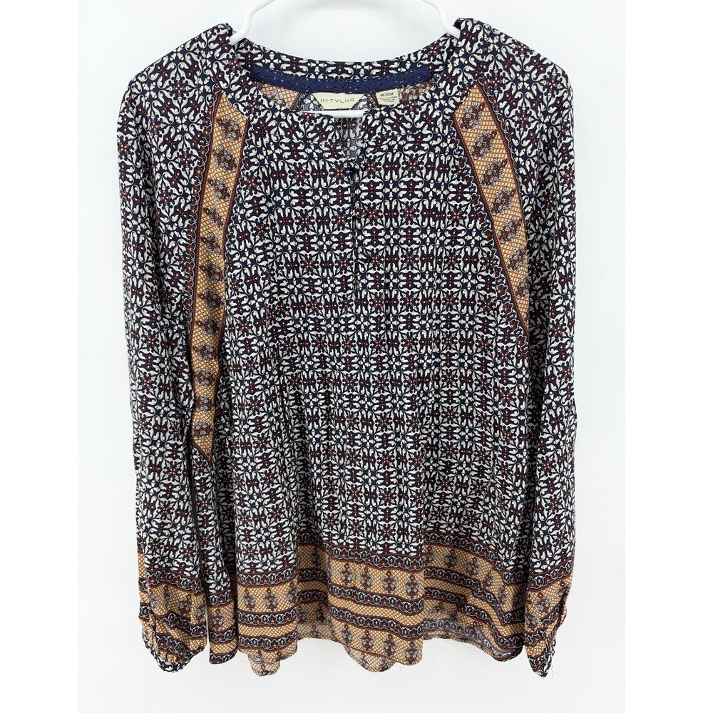 Anthropologie 11 1 Tylho Aubina Boho Peasant Long Sleeve Top M Navy Geometric